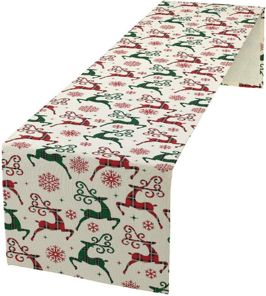Christmas Table Runner,Christmas Plaid Deer Print Farmhouse Table Cloth Kitchen Dining Table Decoration for Home Party Decor 13x108 Inch