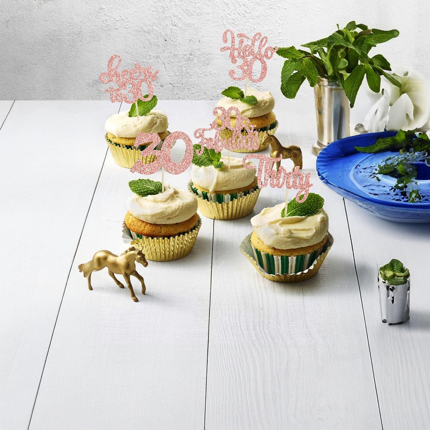 30Pcs Happy 30th Birthday Cupcake Toppers Rose Gold Glitter Thirty Cheers to 30 Birthday Cupcake Picks for Happy 30th Birthday Anniversary Party Cake Decorations Supplies