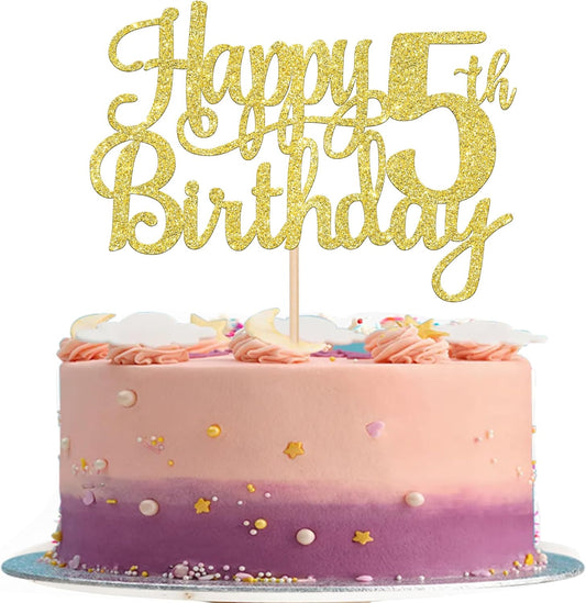 1 PCS Happy 5th Birthday Cake Topper - Gold Glitter Cheers to 5 Years - Fabulous Cake Decoration for 5th Birthday Theme Party