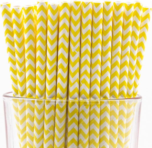 Pack of 900 Yellow Chevron Biodegradable 4-Ply Paper Drinking Straws (Compostable, Non-toxic, BPA-free)