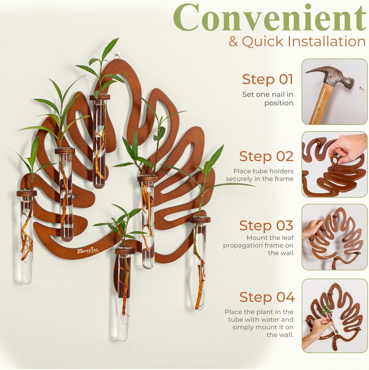 2Special Propagation Stations | Hanging Propagation Station and Wall Planters for Indoor Plants | Wooden Wall Vase, 6+1 Glass Propagation Vases for Plants | Leaf Shape Plant Propagation Station