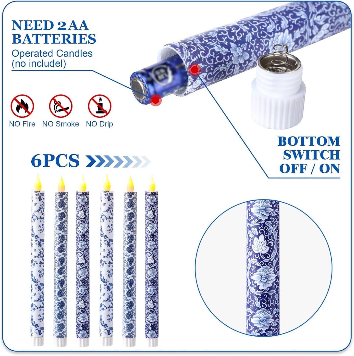 Baquler 6 Pcs Christmas Chinoiserie Flameless Candles 10.6 Inch Blue and White Battery Operated Led Candlesticks Chinoiserie Decor for Christmas Centerpiece Xmas Party Decor Holiday Gifts