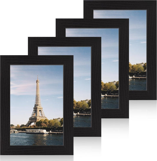 6x9 Picture Frame Set of 4, Black Frame with High Definition Glass, Wood Rustic 6 x 9 Photo Frames for Horizontal or Vertical Table Top and Wall Mounting