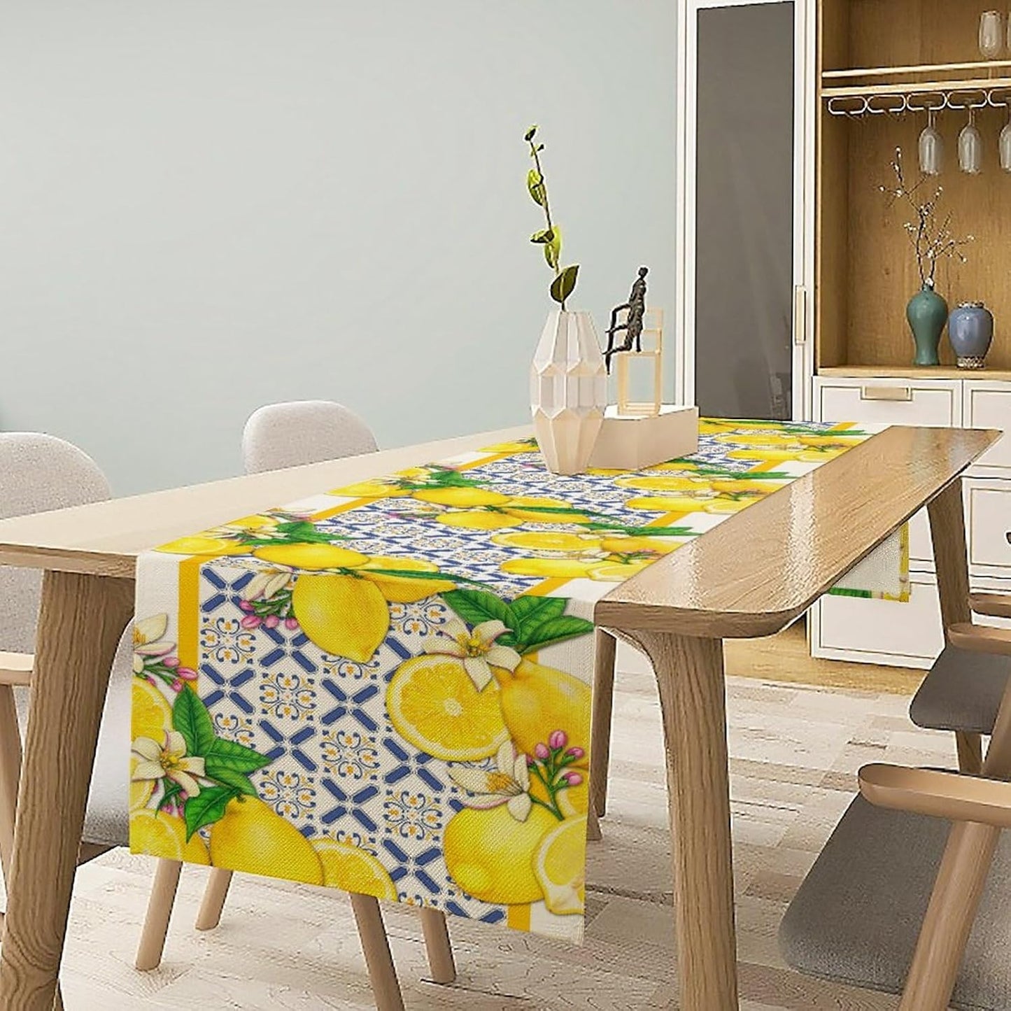 Lemon Table Runner,Spring Summer Seasonal Yellow Blue Table Runner for Kitchen Dining Table Home Party Decoration 13x72 Inch