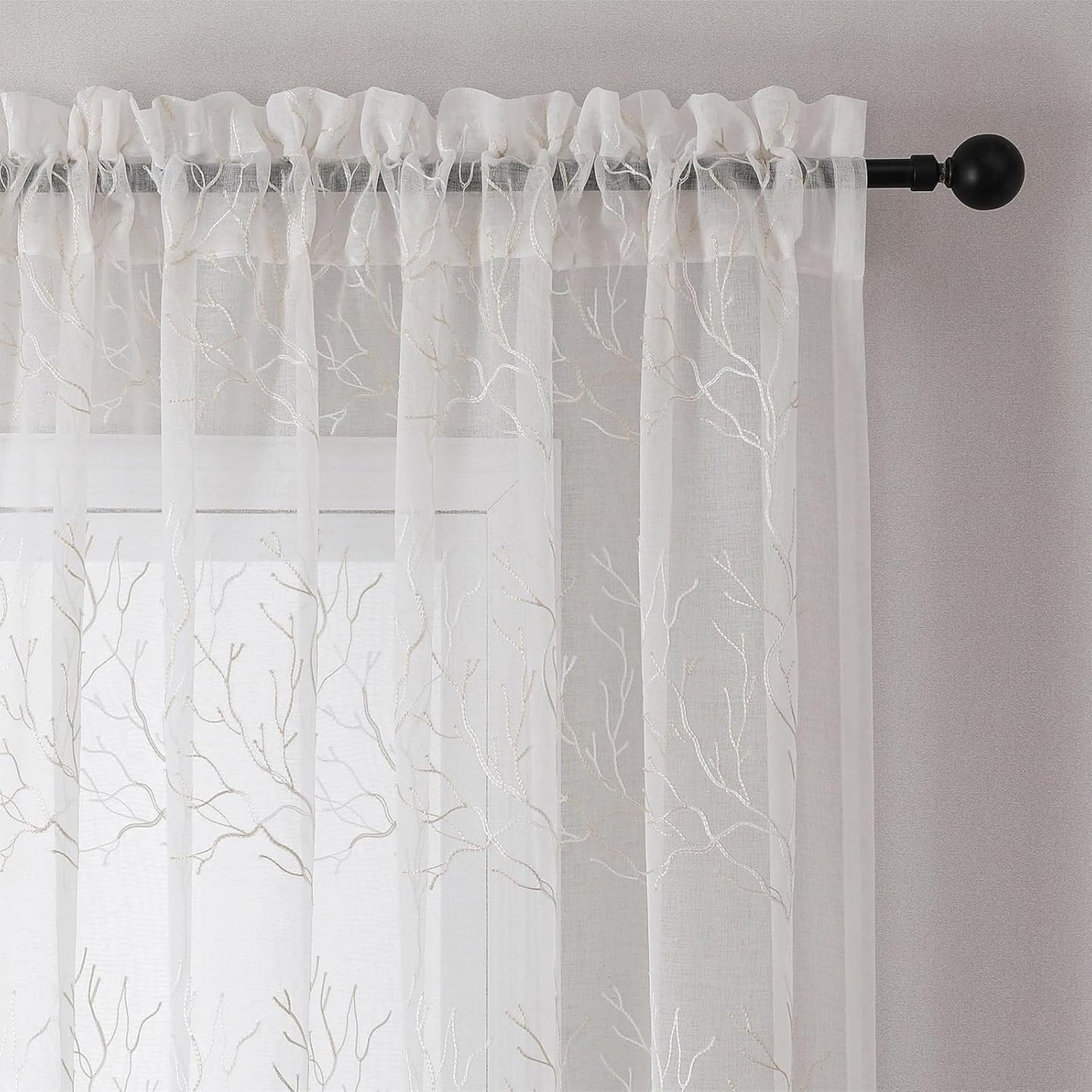 VISIONTEX Sheer Curtains 63 inch Length 2 Panels Set, Decorative Beige Coral Embroidery, Rod Pocket Embroidered Window Drapes for Living Room and Bedroom, 54" x 63"