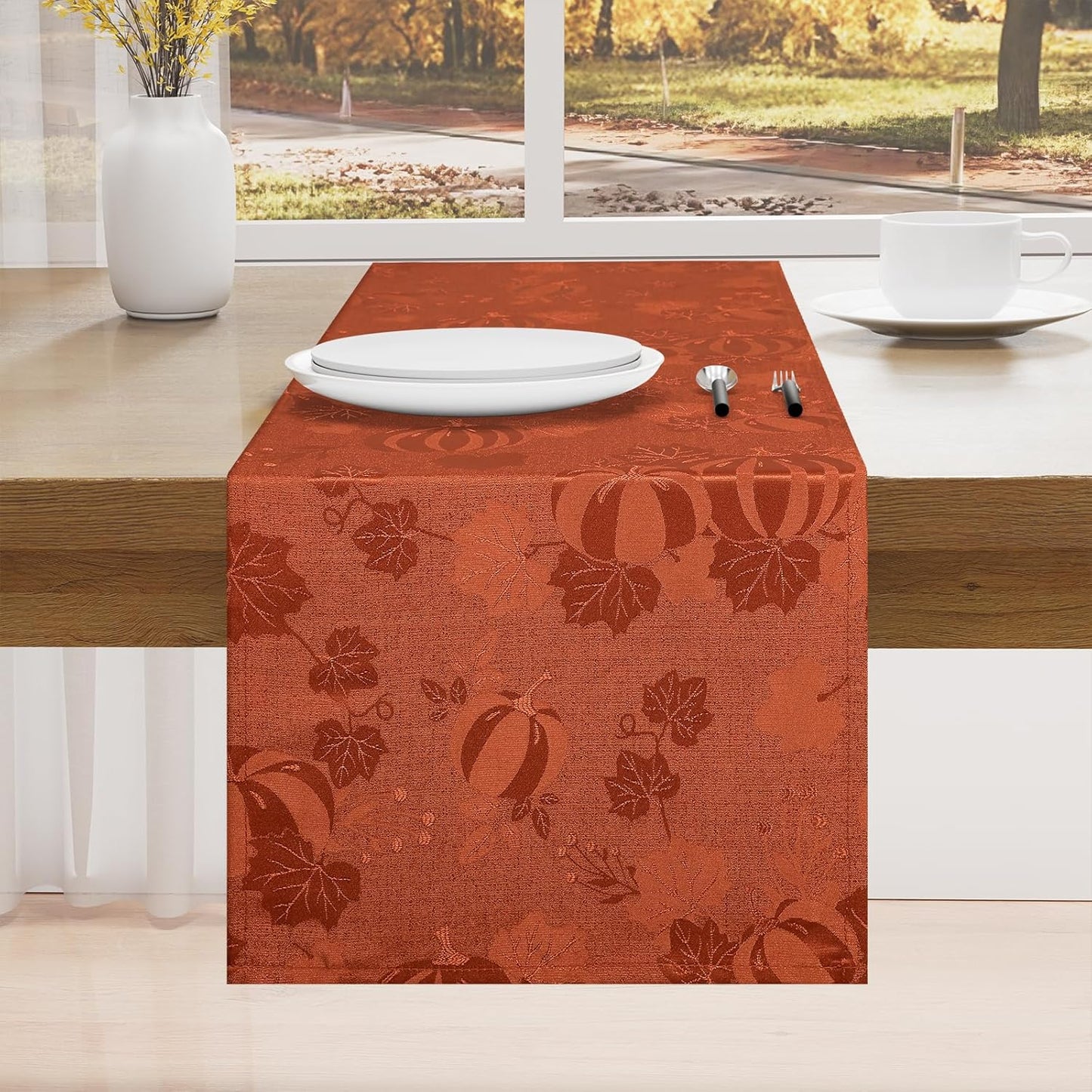 Smiry Thanksgiving Table Runner, 13x72 Inch Waterproof Fabric Damask Table Runner for Harvest Parties and Holidays, Terracotta