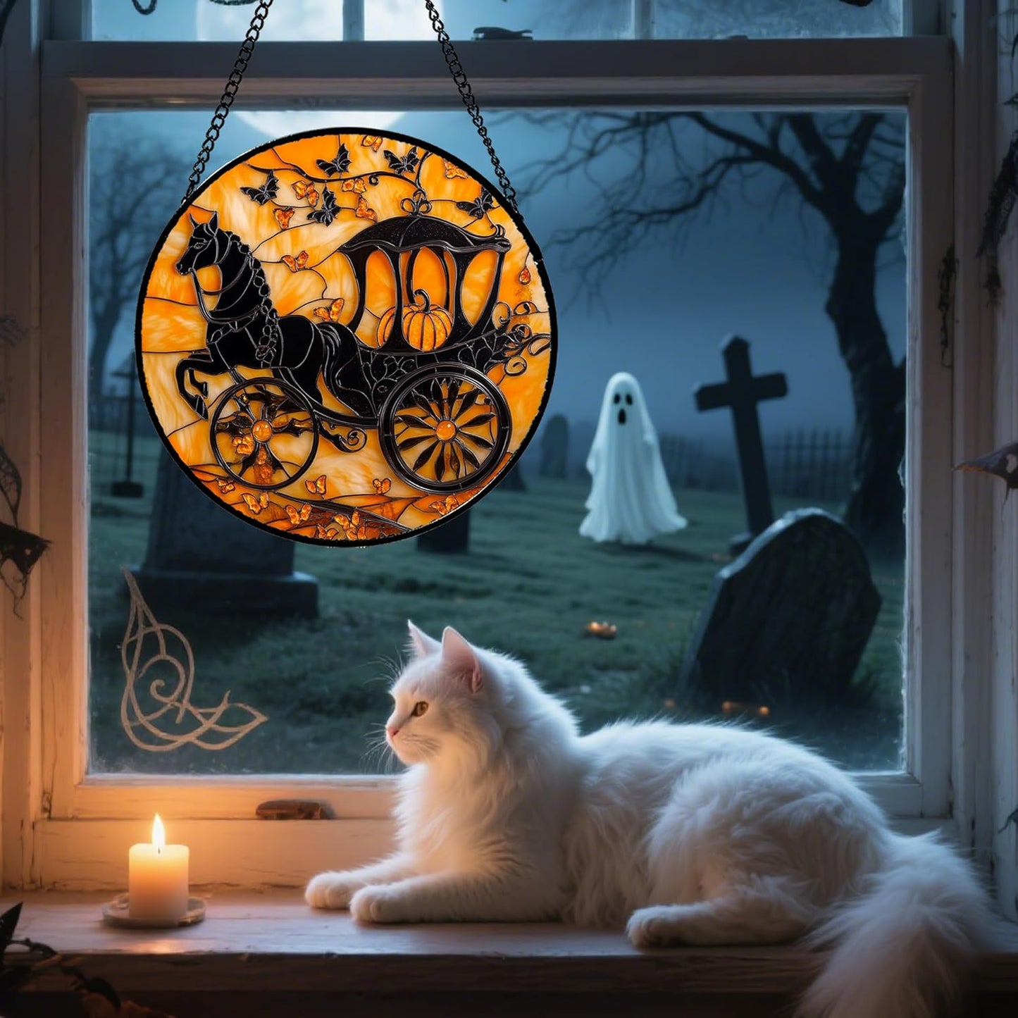 Stained Glass Window Hanging - Halloween Pumpkin Carriage Suncatcher for Doors Window Garden Indoor Spooky Funny Orange Sun Catchers Gothic Decor Horror Gifts for Women Men Friend 7.8 in