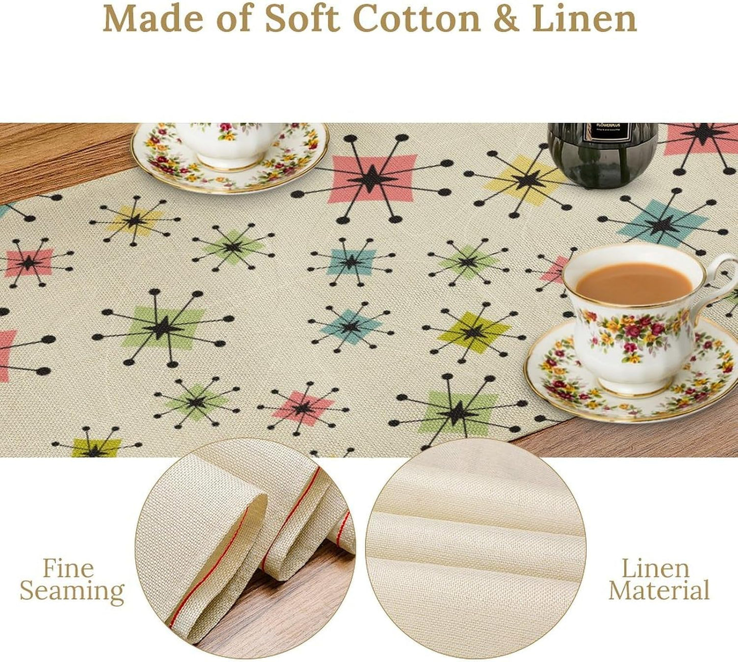 Mid Century Table Runner, Flag Retro Atomic Starburst 1950s Abstract Geometric Space Tabletop Decoration for Home Kitchen Restaurant Table Flag 13x108 Inch