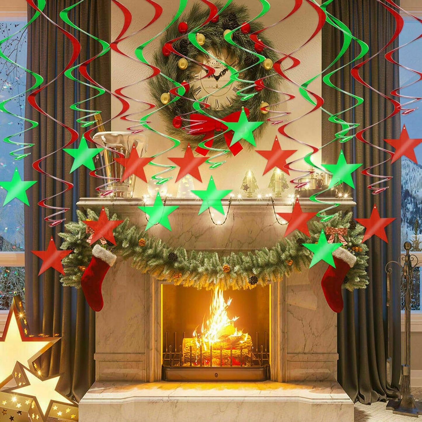 BEISHIDA Red Green Star Hanging Swirl Decorations, Birthday Hanging Party Supplies for Christmas Wedding Baby Shower Birthday Decorations,Pack of 15