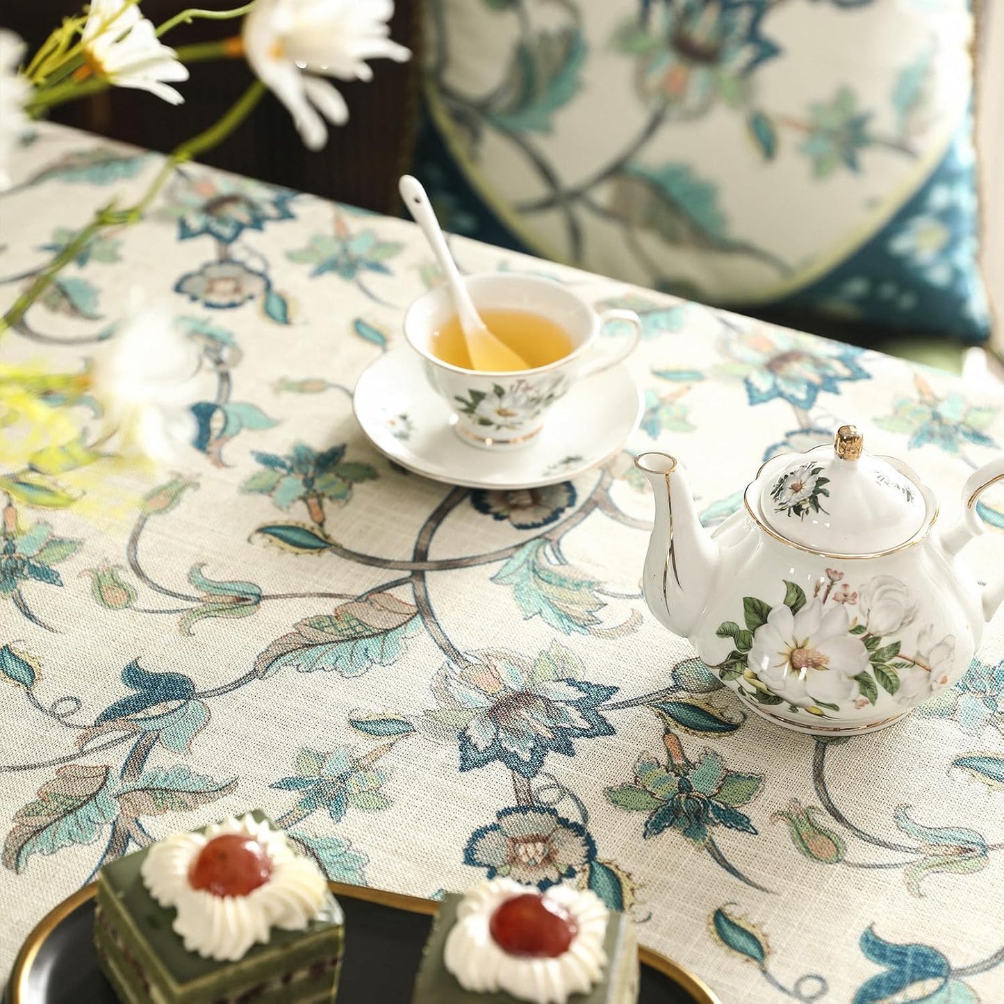 patdrea Designer Green Linen Long Table Cloth for Rectangle Table,Vintage Floral Pattern Durable Tablecloth,French Cover Decor for Kitchen Dining,Christmas,Thanksgiving,Tea Party,63"x102"-Noah