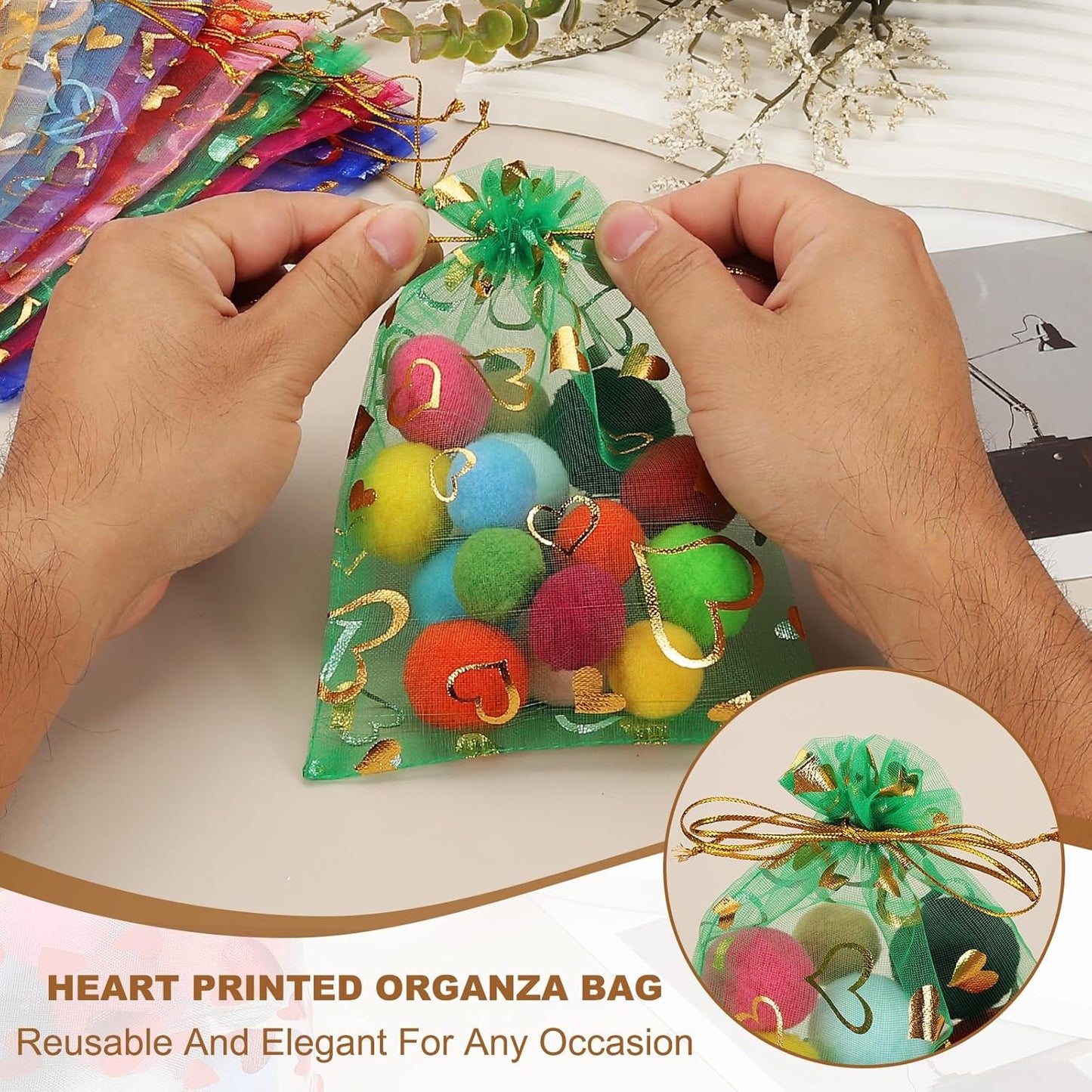 PATIKIL 100 Pcs 5x7 Inch Heart Printed Organza Bags, Gold Silver Sheer Heart Organza Bags with Drawstring for Christmas Candy Jewelry Party Wedding Favor Gift