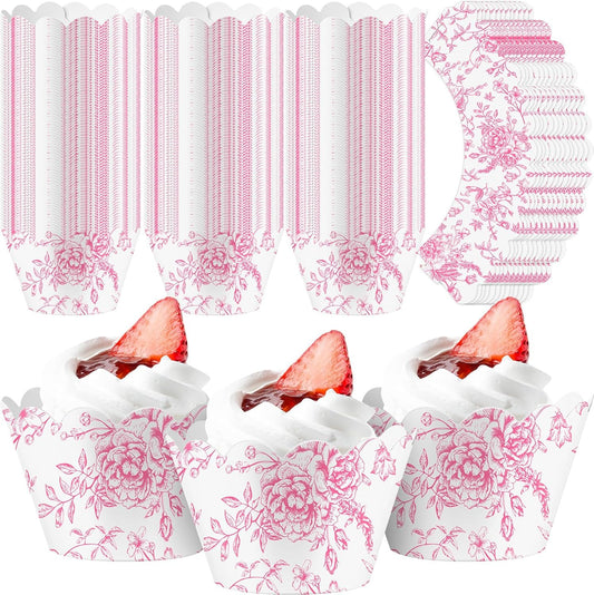 Domensi 100 Pcs Pink Floral Cupcake Wrappers Rustic Cupcake Liners Pink Baking Cups Flower Baking Liners for Wedding Bridal Baby Shower Birthday Party Supplies Dessert Decoration