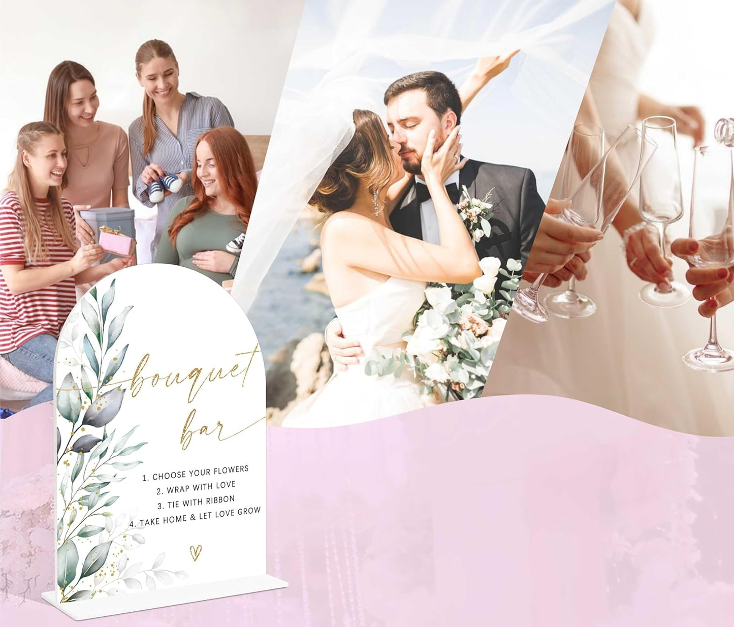 Acrylic Wedding Signs, Greenery Theme Bouquet Bar Sign, Wedding Reception Signage, Bridal Shower Table Decor with Stand, Bouquet Bar Supplies for Engagement, Anniversary, Newlywed Event and Party, 05