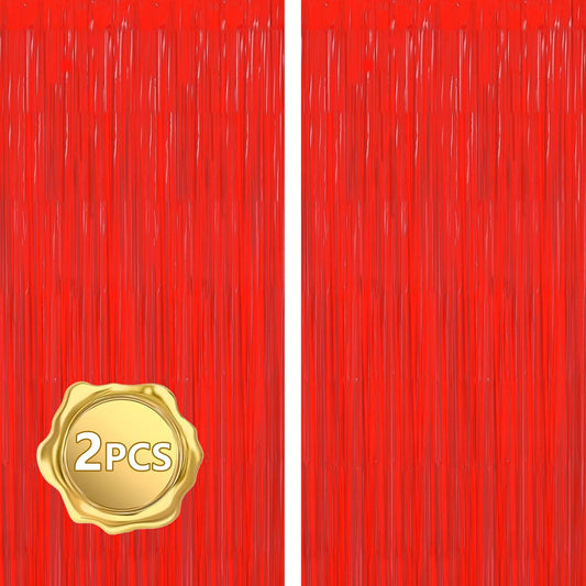BEISHIDA 2Pcs Red Door Streamer Fluorescent Red Backdrop Blue Foil Fringe Curtains Tinsel for Birthday Baby Shower Halloween Backdrop Wedding Party Decoration (3.28 ft x 6.56 ft)