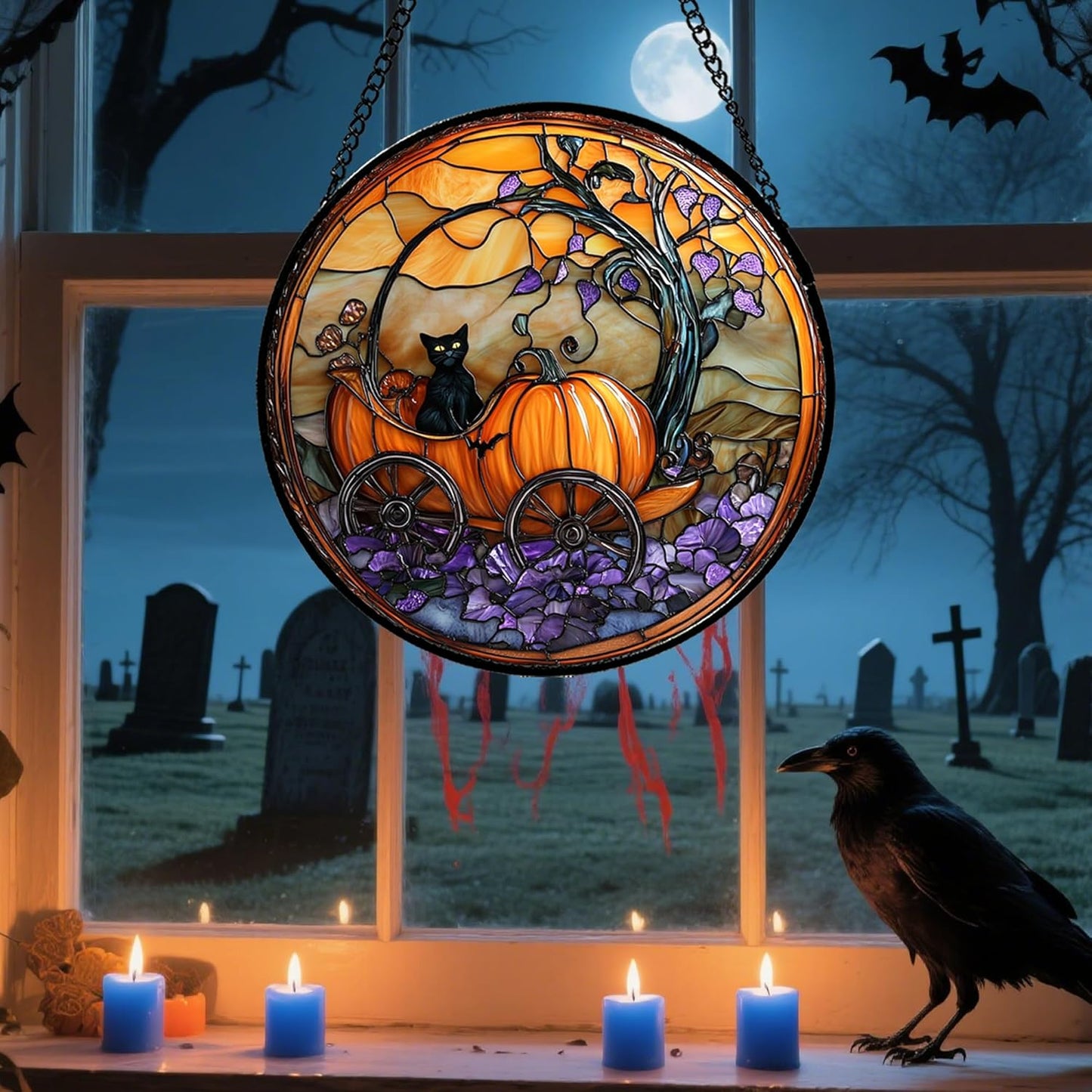 Stained Glass Window Hanging - Halloween Pumpkin Carriage Black Cat Suncatcher for Doors Window Garden Spooky Sun Catchers Gothic Decor Horror Gifts for Women Men Friend Boy Girl 15 in
