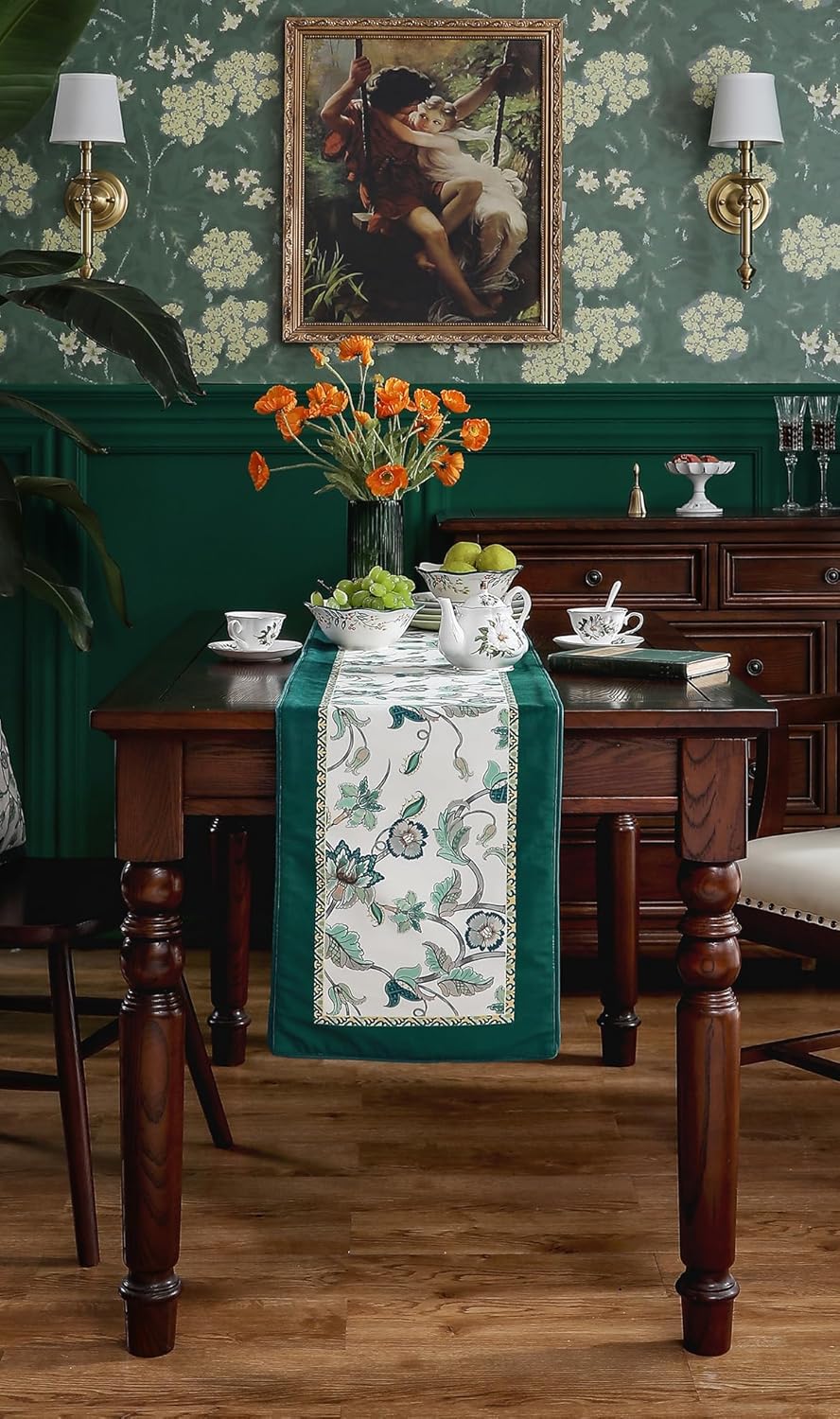 patdrea Designer Elegant French Floral Velvet Table Runner, Teal with Blossoms Pattern Table Mat, Decoration for Kitchen Dining Coffee Table Shelf Cabinet Banquet Thanksgiving,12"*87"