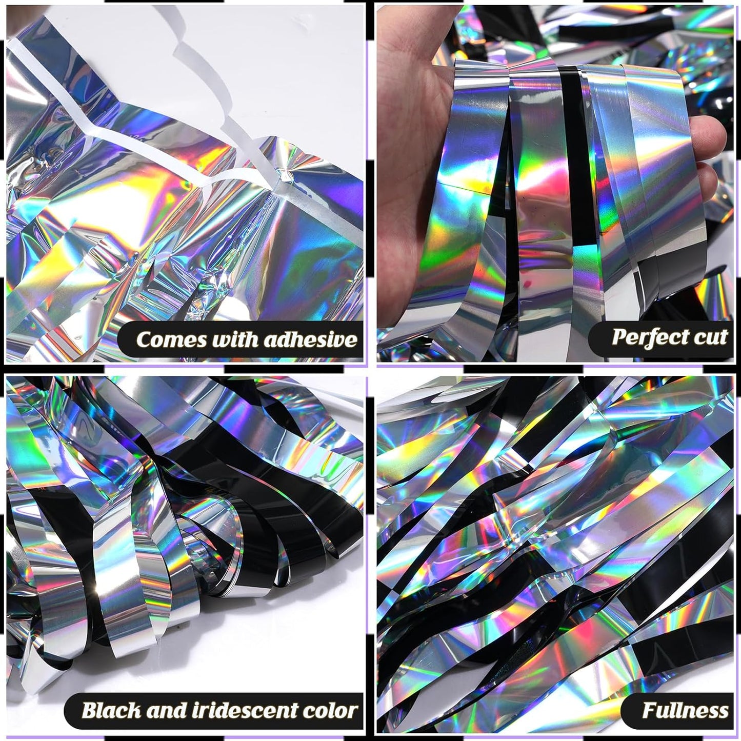 2 Pack 3.3Ft x 6.6Ft Race Car Checkered Foil Fringe Curtain Backdrop Decorations, Black Iridescent Metallic Tinsel Foil Streamers Curtain Photo Booth for Race Car One Happy Dude Birthday Party Decor