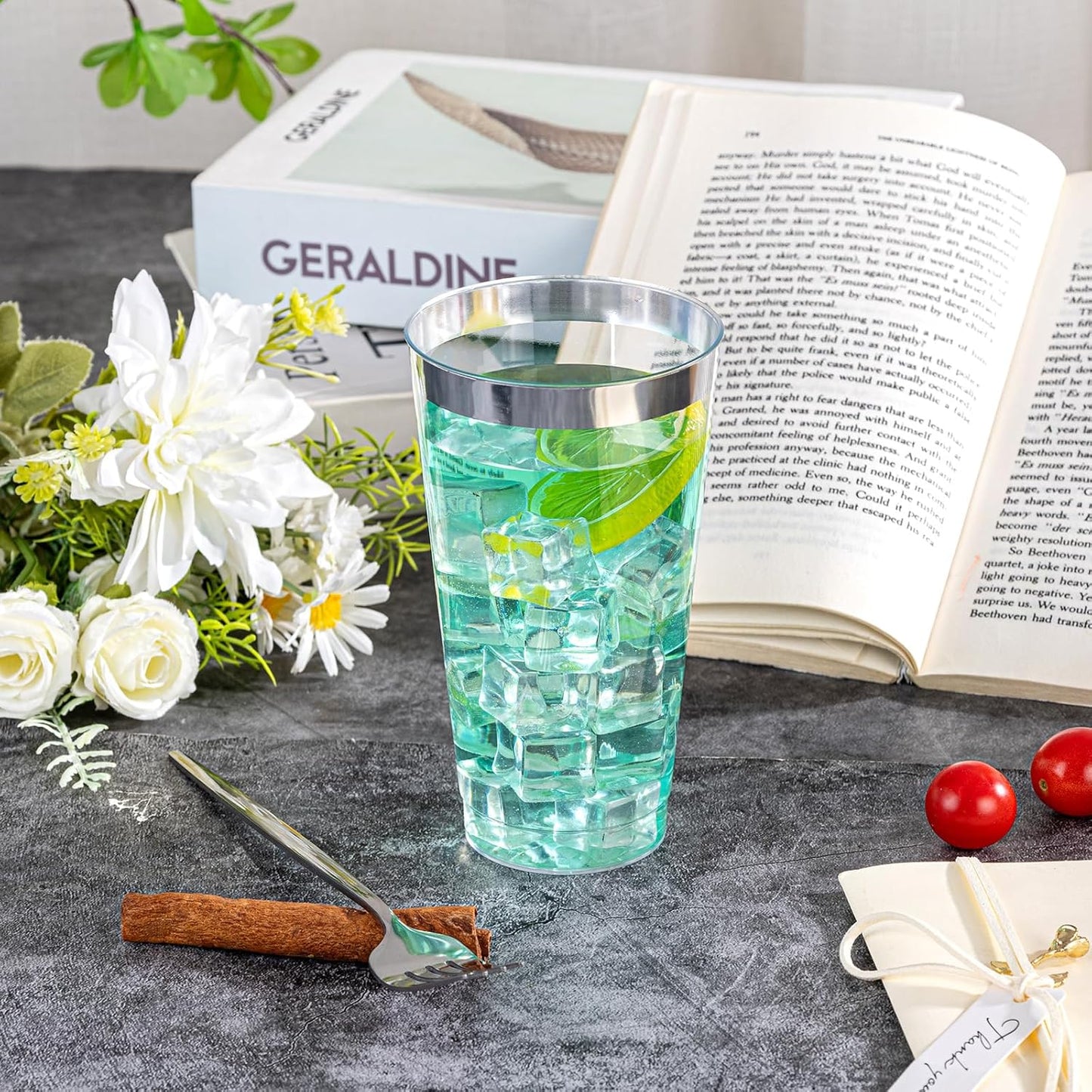 I00000 16 oz Silver Plastic Cups, 50 Pack Clear Plastic Cups,Silver Rimmed Disposable Cup, Heavy-duty Disposable Tumblers Perfect for Party, Holiday, Wedding & Birthday