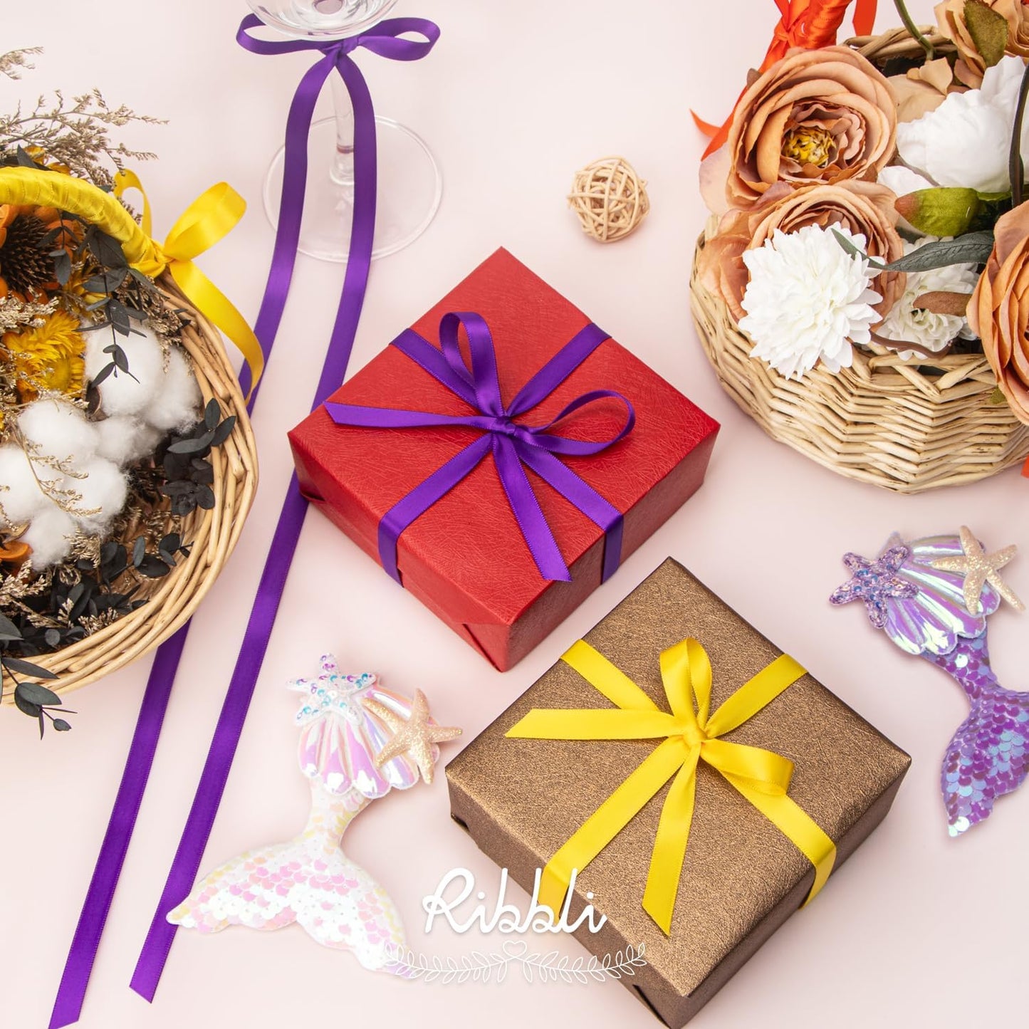 Ribbli Double Faced Maize Yellow Satin Ribbon,3/8” x Continuous 25 Yards,Use for Bows Bouquet,Gift Wrapping,Floral Arrangement