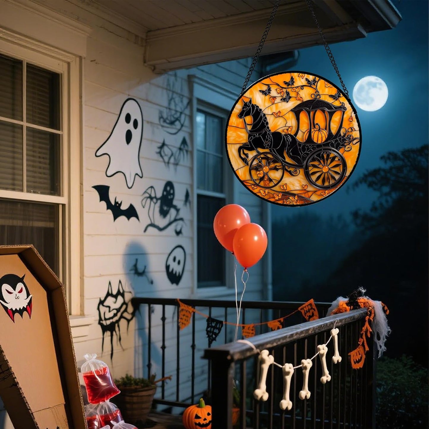Stained Glass Window Hanging - Halloween Pumpkin Carriage Suncatcher for Doors Window Garden Indoor Spooky Funny Orange Sun Catchers Gothic Decor Horror Gifts for Women Men Friend 6.3 in