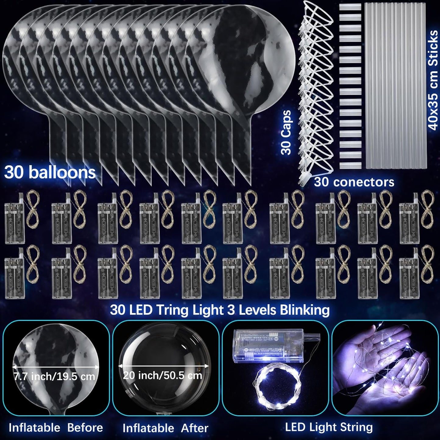 Vinsot 30 Pack LED Bobo Balloons Light Up Balloons Clear Helium Bubble Bobo Glow with String Lights for Parties Birthday Wedding Decoration (Cool White, Warm, Multi Color)