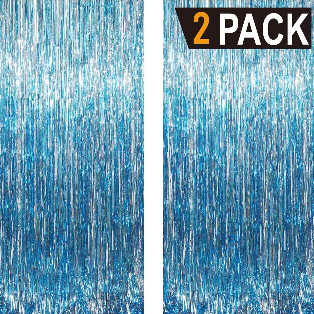 GOER 6.4 ft x 8.2 ft Metallic Tinsel Foil Fringe Curtains,Pack of 2 Party Streamer Backdrop for Birthday,Graduation Decorations and New Year Eve (Light Blue)