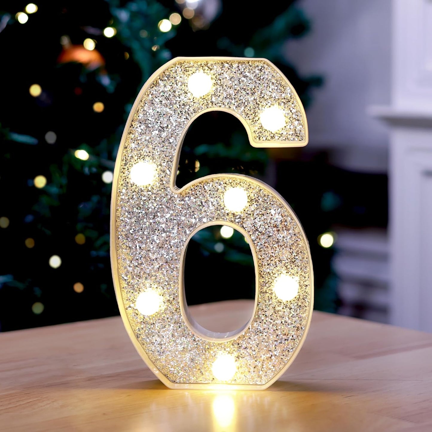 Marquee Light Up Letters, Glitter Silver LED Letter Lights Battery Powered Alphabet Letter Sign for Night Light Wedding Birthday Party Cafe Bar Decoration Girls Room Decor - Number 6