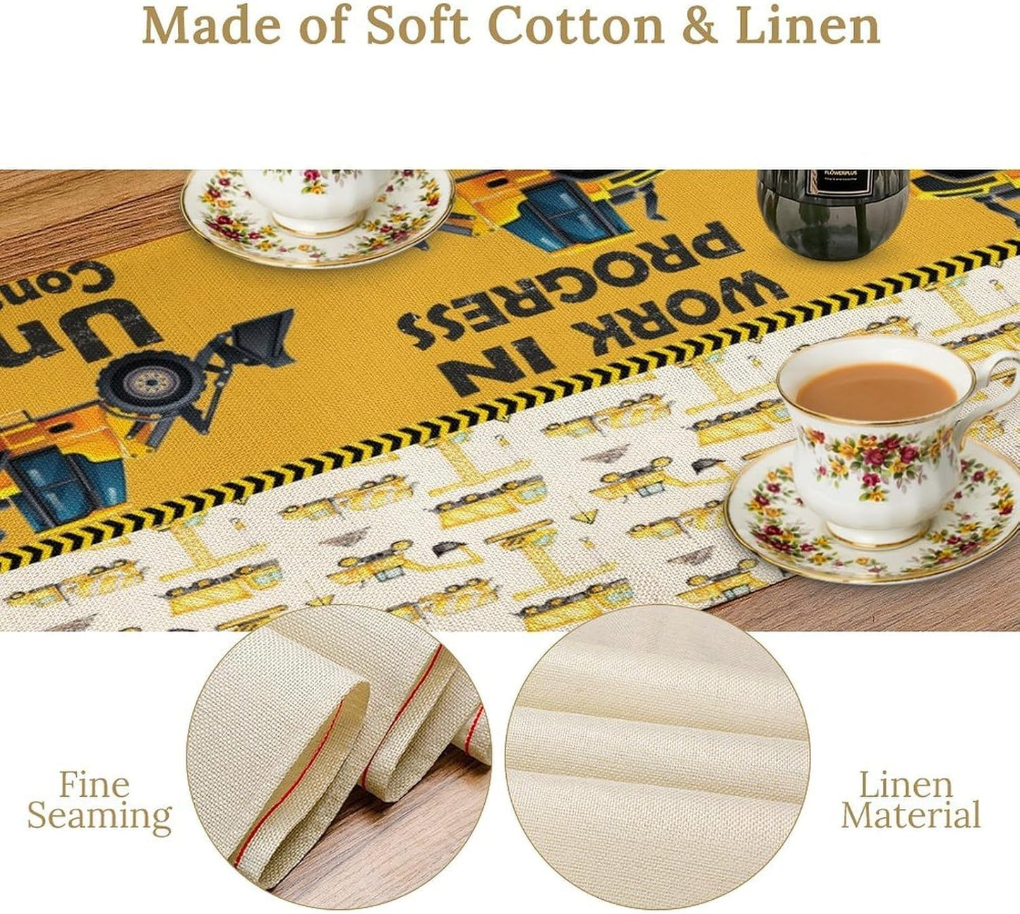 Cartoon Car Table Runner,Boys Kids Construction Vehicles Truck Yellow Print Tablecloth Burlap for Hotel Indoors Outdoor Dining Room Kitchen Home Decor,W13X L36 in