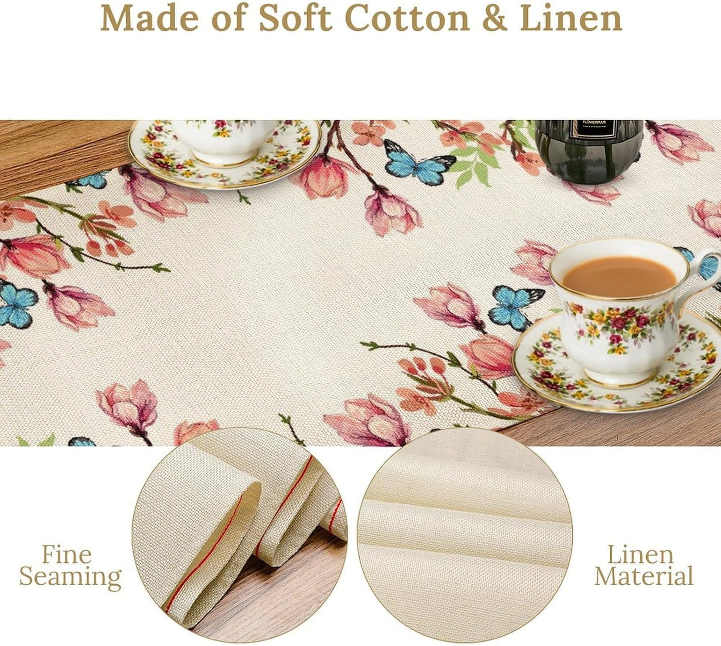 Flowers Table Runner,Floral Bird Butterfly Spring Table Cloth Kitchen Dining Table Home Party Decoration 13x72 Inch