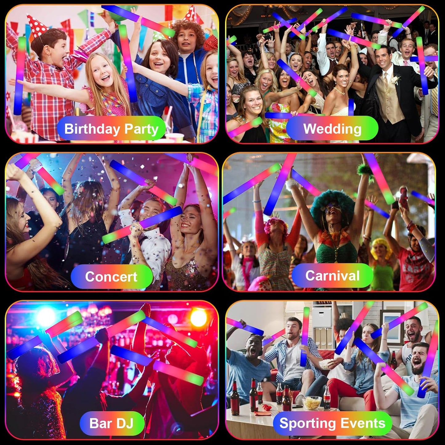 EXCECAR 208PCS Foam Glow Sticks Bulk Party Pack, Foam Light Up Sticks, Light Up Foam Sticks, 3 Mode Colorful Flashing, Glow in The Dark Sticks for Wedding Halloween Christmas Concert Party Supplies
