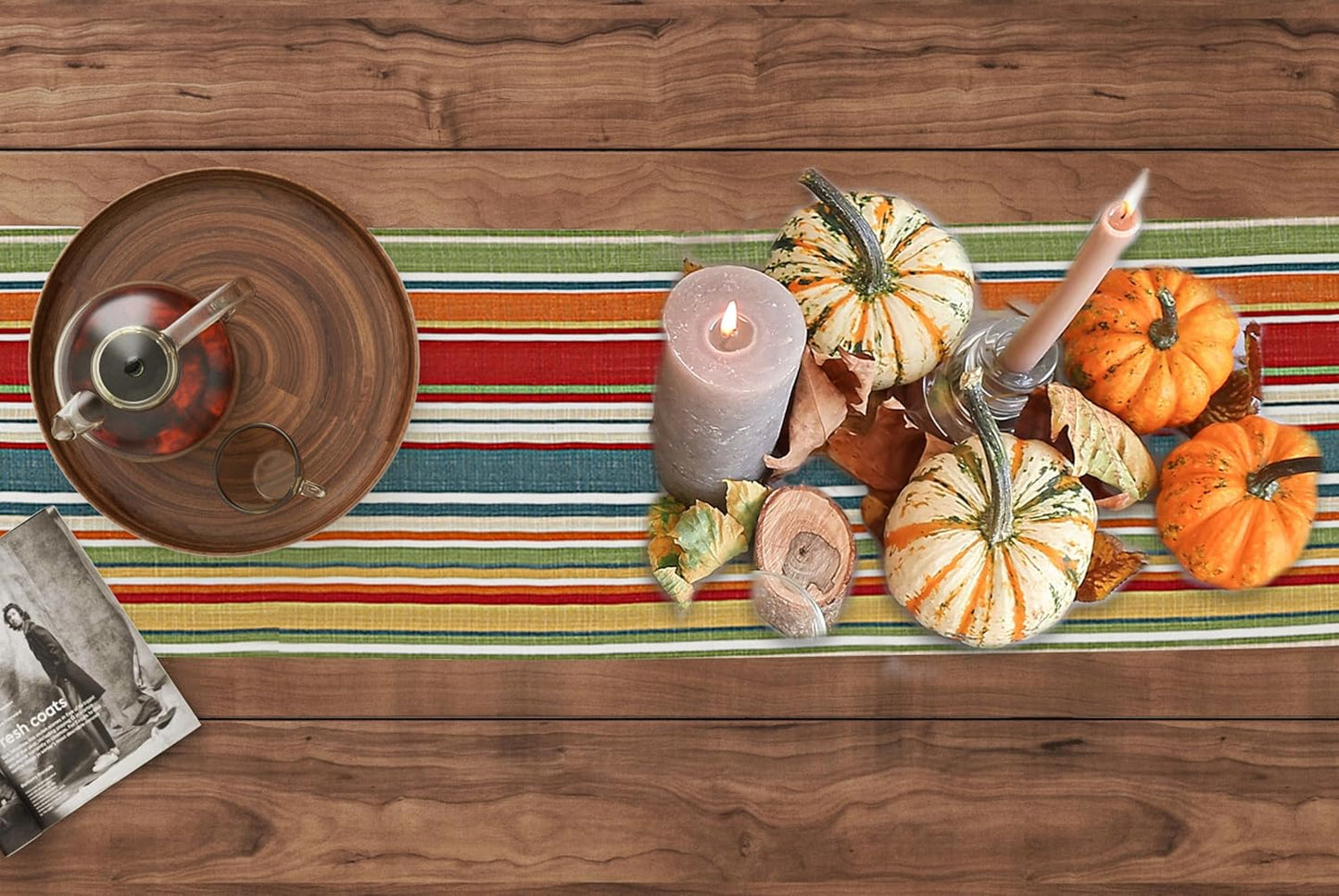 Ruvanti 100% Cotton Table Runner 120 Inches Long, Non-Slip, Stain Resistant, Washable & Reusable Table Runners Perfect for Wedding, Parties, Christmas, Holiday, in-Door use - Multi Stripe