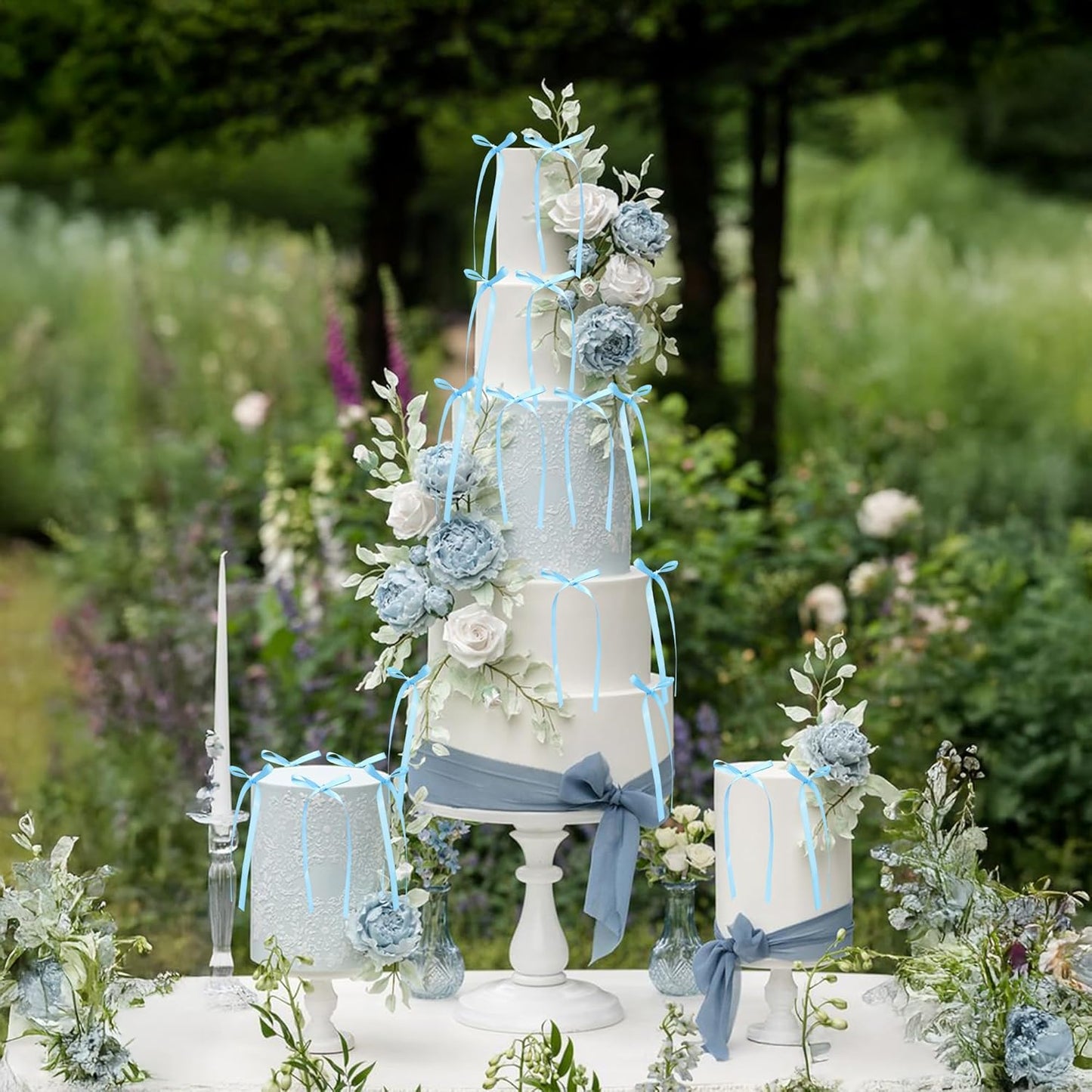 Ephlyn 30Pcs Bow Cupcake Toppers Valentine's Bowknot Ribbons Coquette Bow High Footed Cup Balloon Wall Party Decorations Cake Dessert Picks Baby Girl Birthday Wedding Party Supplies Lake Blue