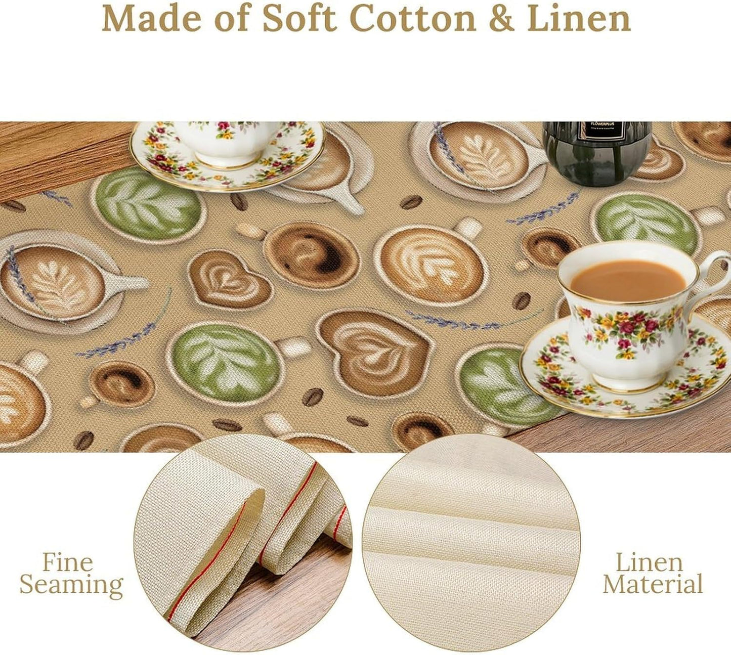 Coffee Theme Table Runner, Farmhouse Retro Brown Coffee Cup Tea Party Rustic Cafe Table Center Decor for Home Kitchen Dining Patio Holiday Party Indoor Outdoor Table Decorations,13"x90" Inch