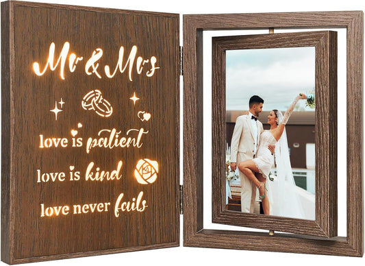Light Up Wedding Picture Frame for Couples – Wooden Rotating Glowing 4x6 Double Photo Frame with MR & MRS Quote, Rustic Wedding Gifts for Newlyweds & Bridal Shower Gifts
