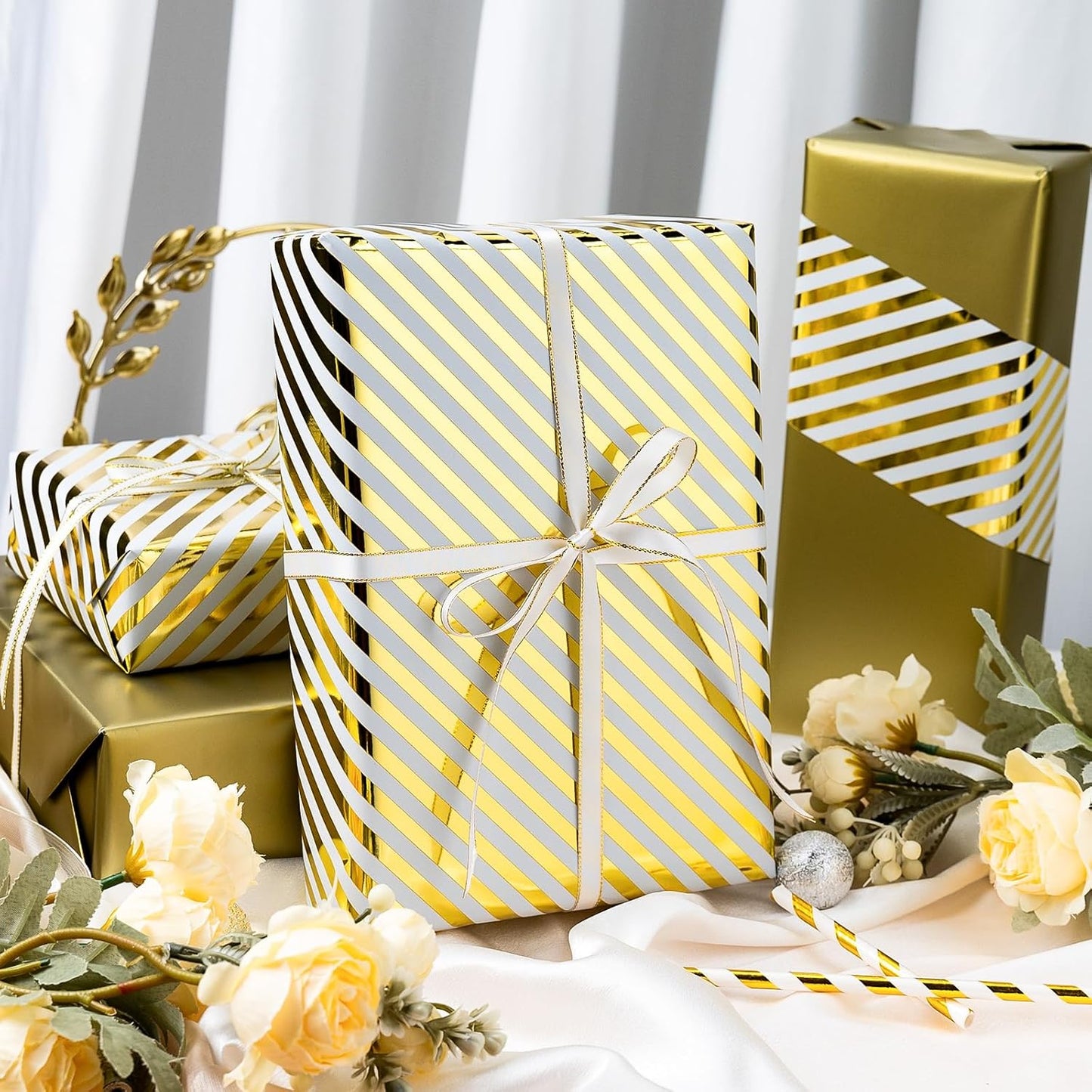 Burymento Platinum Stripe Wrapping Paper, Reversible Gold Gift Wrap for Birthday, Valentines, Mothers day, Graduation, Wedding, Fathers day, Baby Shower, Christmas (17in x 32.8ft)