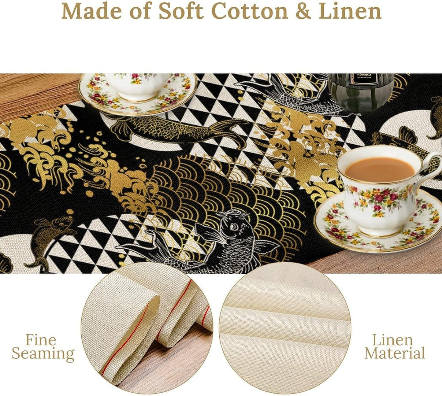 Japanese Table Runner Oriental Tradition Kio Fish Gold Art Printed Burlap Runner Home Kitchen Dining Table Living Room Decor Fabric 1 Panel W13xL90in