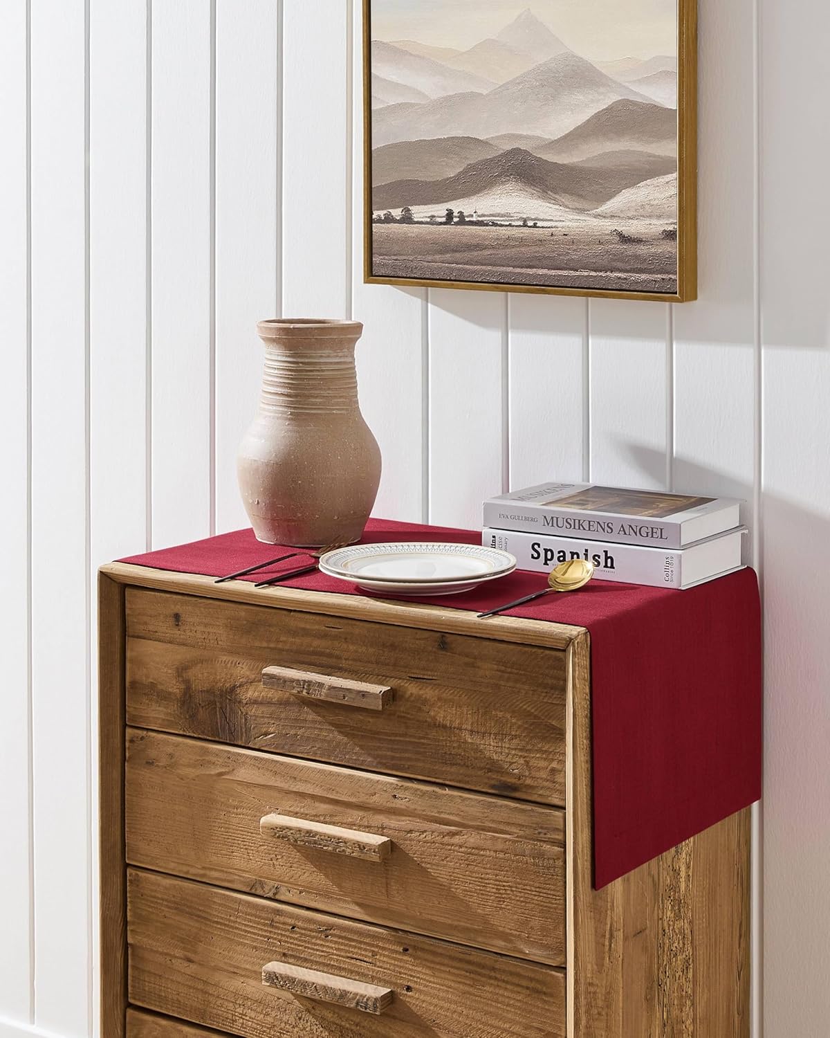 ZeeMart Linen Textured Border Table Runner, 14 x 48 Inch Red, Farmhouse Style Red Table Runners 48 Inches Long, Easy Care Everyday Polyester Table Runner