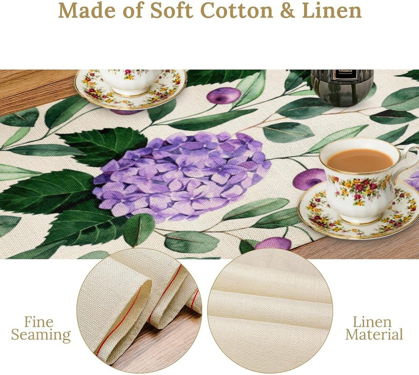 Spring Hydrangea Flower Table Runner, Seasonal Summer Plants Eucalyptus Leaves Purple Florals Dinner Runner for Home Kitchen Dining Table Party Holiday Decoration 13"x36"