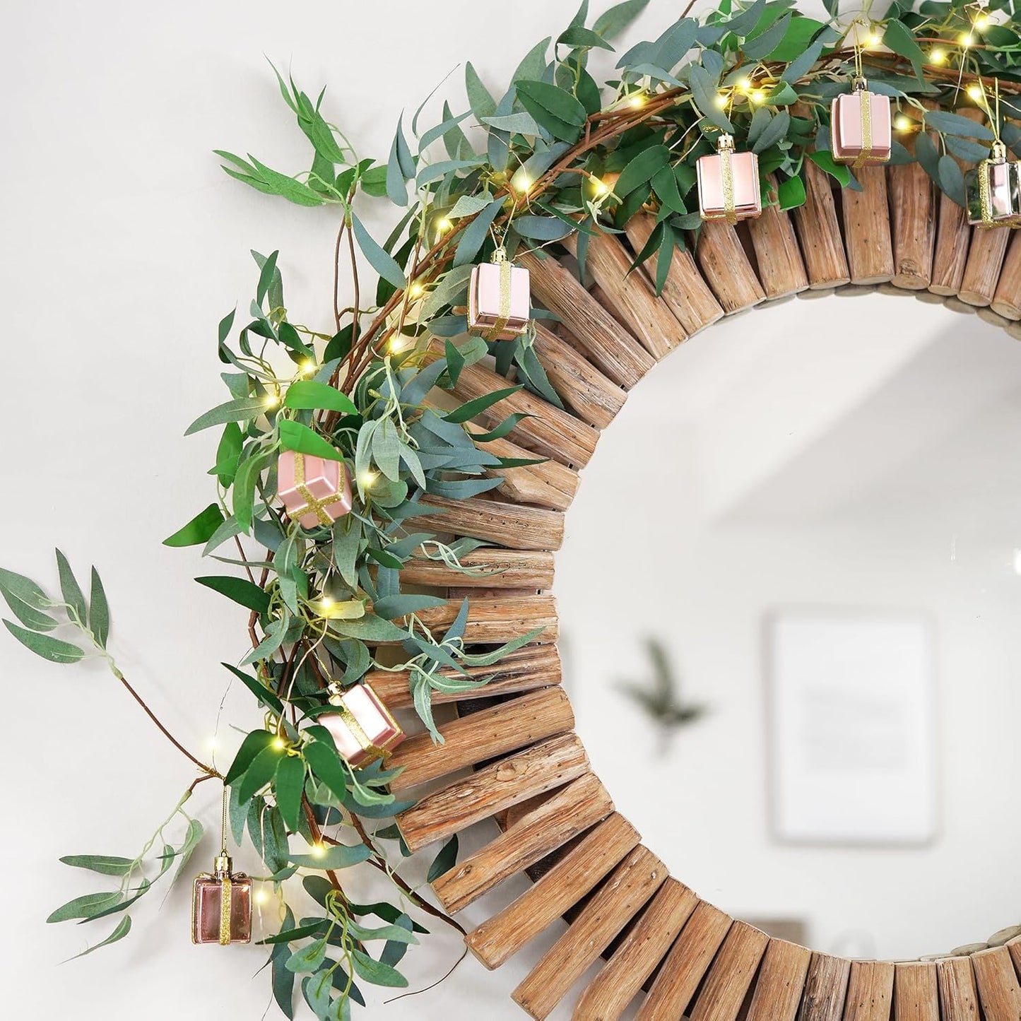 Artificial Willow Garland with Battery String Lights & Pink Gift Box Ornaments – 2-Pack Lighted Greenery Vine, with Remote for Mantels, Weddings, Fireplace, Holidays, Parties & Everyday Home Decor