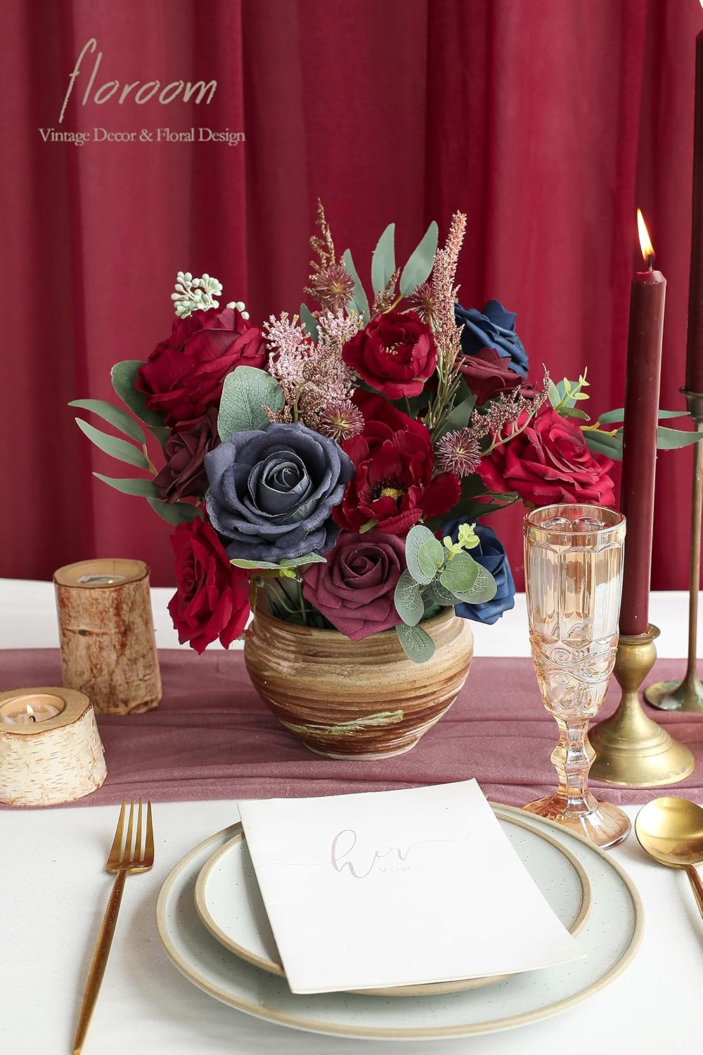 Floroom Burgundy Navy Blue Artificial Flowers Marsala Fake Roses Peonies Greenery Combo Box Set for DIY Dark Red Wedding Bouquets Bridal Shower Centerpieces Floral Arrangements Party Tables Decoration