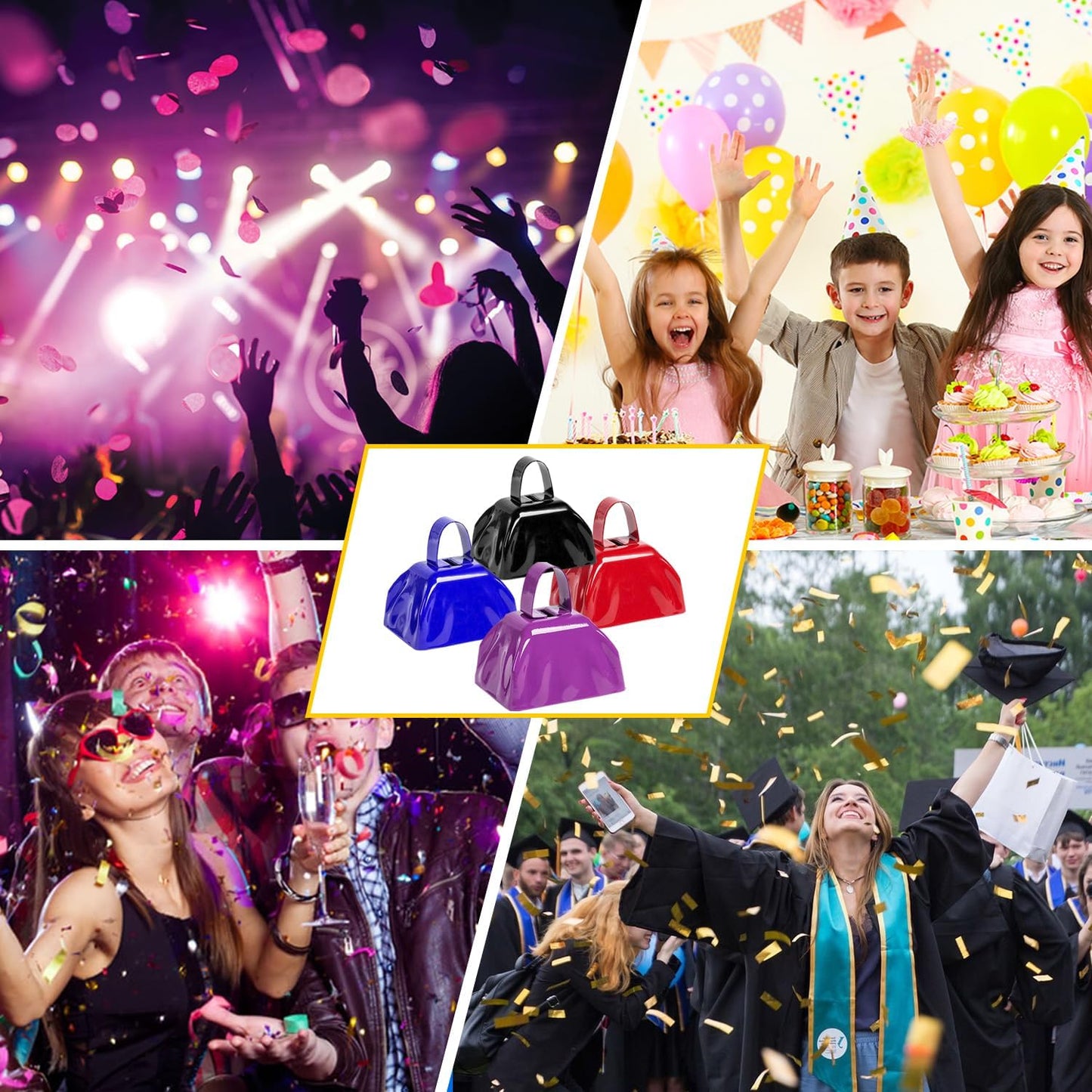 Metal Cow Bell Noise Maker - 3 Inch Pack of 4 - Small Loud Metal Cowbell Noisemaker with Handle - Great for Football Games, Sporting Events, Weddings, New Year's Eve, Birthday Parties