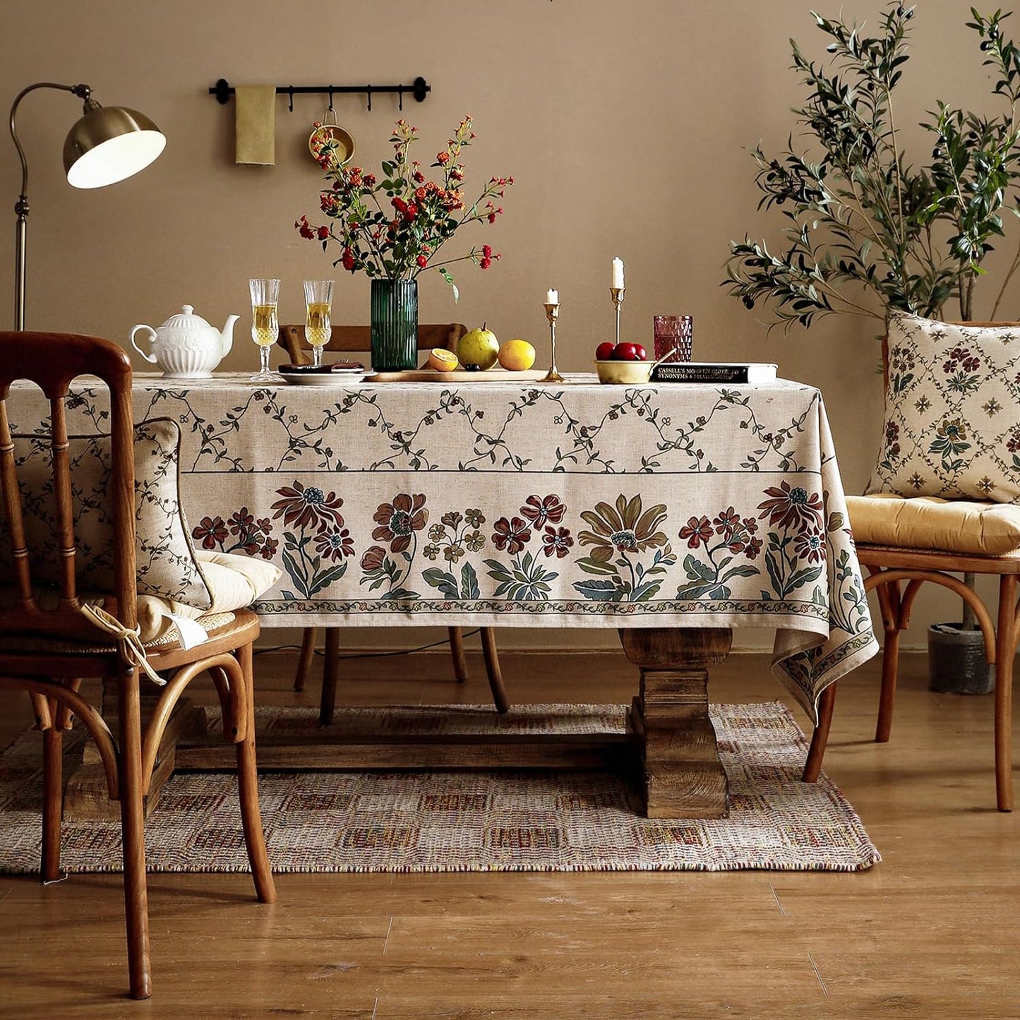 patdrea Designer Linen French Tablecloth for Rectangle Table,Fall Country Breathable Floral Tablecloths,Table Cover for Kitchen Dining,Tea Party,Christmas,Thanksgiving,55"x87"-Oliveirad