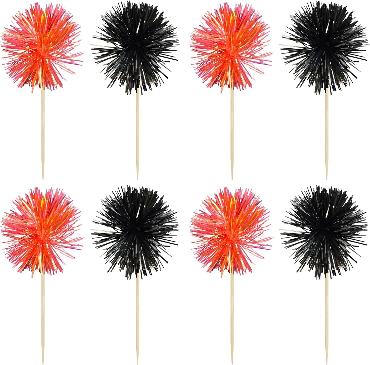 Gyufise 30Pcs Foil Firework Cupcake Toppers Sparkle Tinsel Cake Toppers Tinsel Drink Cake Decoration Cocktail Picks for Birthday Wedding Graduation Party Supplies Black Orange