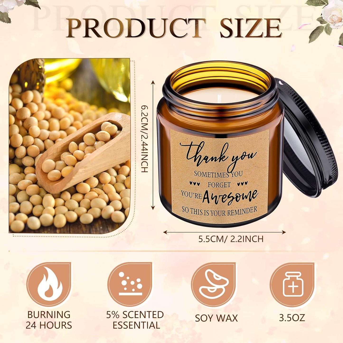 MTLEE 20 Pcs Thank You Gifts Candles 3.5 oz Employee Appreciation Inspirational Scented Soy Wax Candle Thank You Gift Christmas Gifts for Coworker Women Volunteer Teacher(Grateful,Brown)