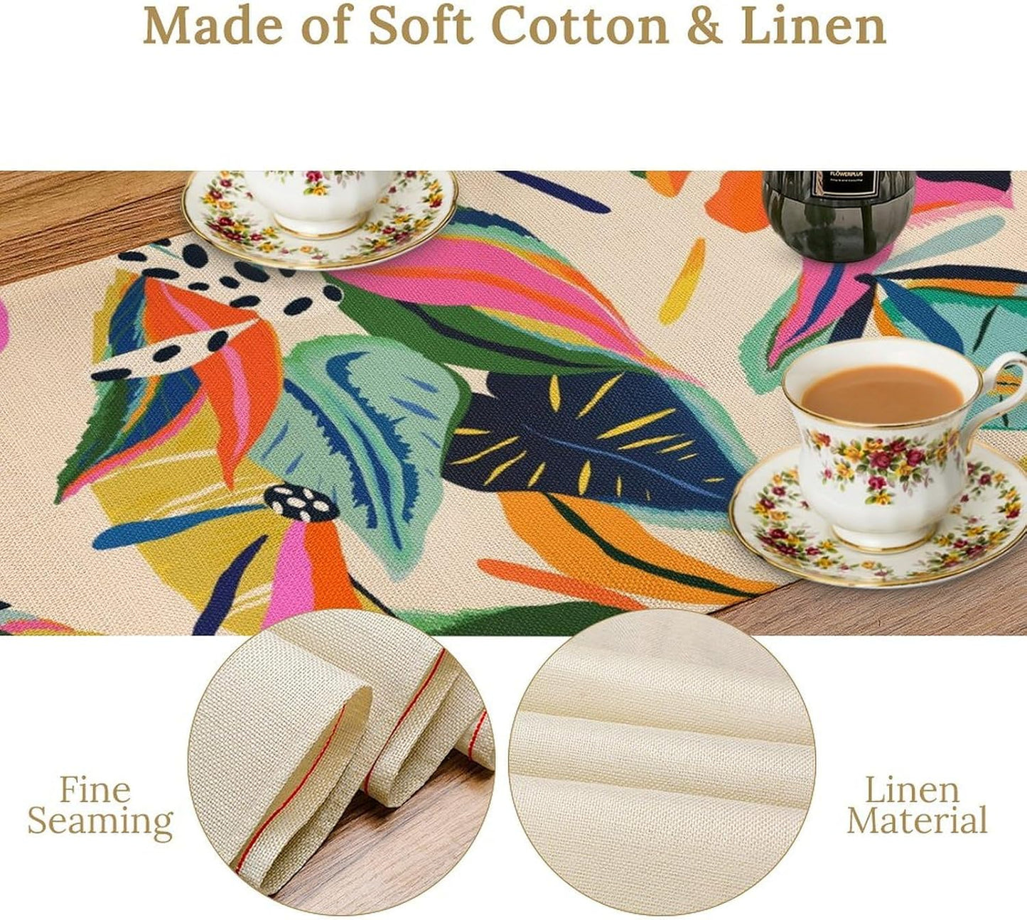 Colorful Flower Table Runner,Abstract Flower Blossom Botanical Pattern Print Tablecloth Burlap for Hotel Indoors Outdoor Dining Room Kitchen Table Decor, 13x70in