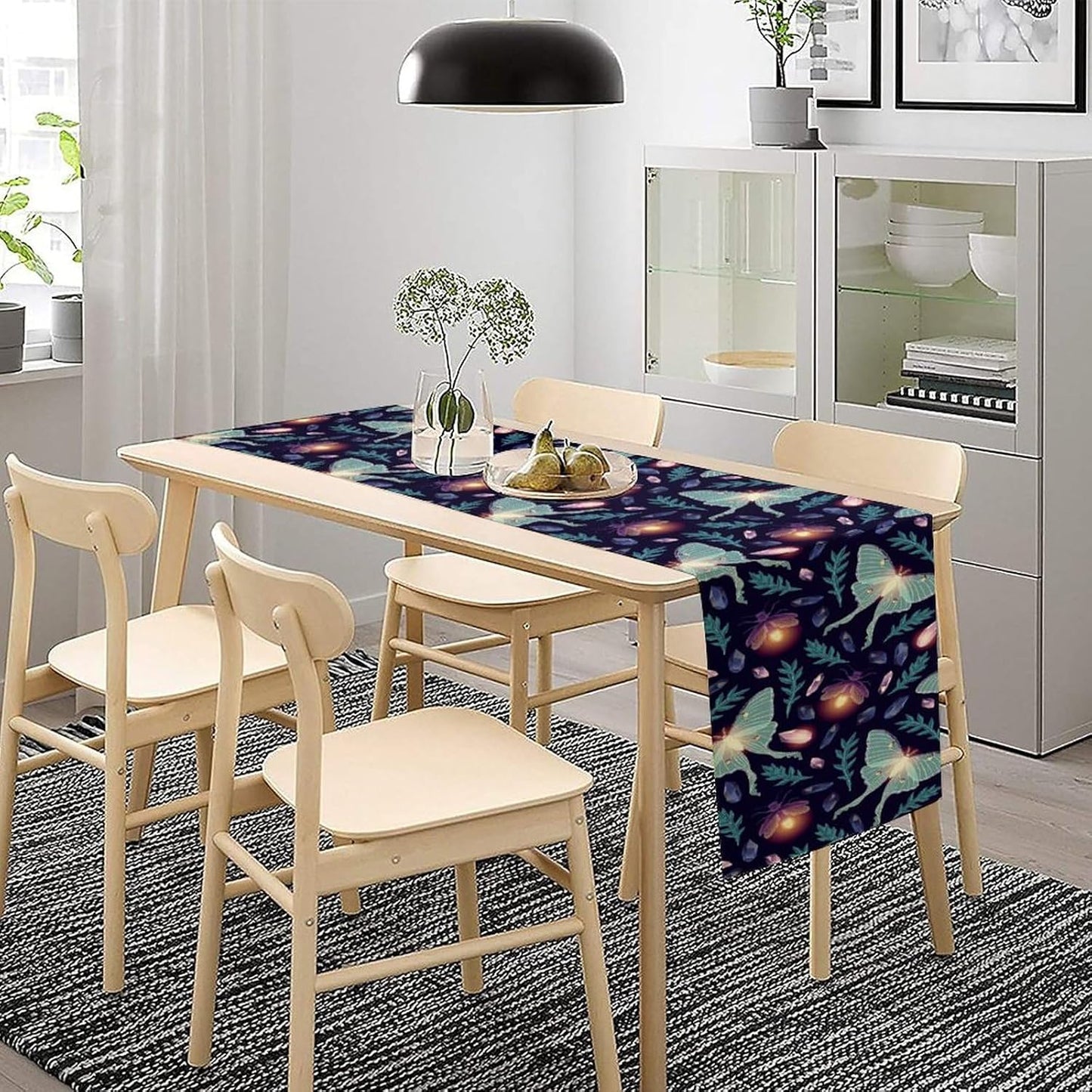 Moth Table Runner, Retro Boho Aesthetic Blue Moth Magic Table Runner for Home Kitchen Dining Party Indoor Outdoor Decoration 13x108 Inch