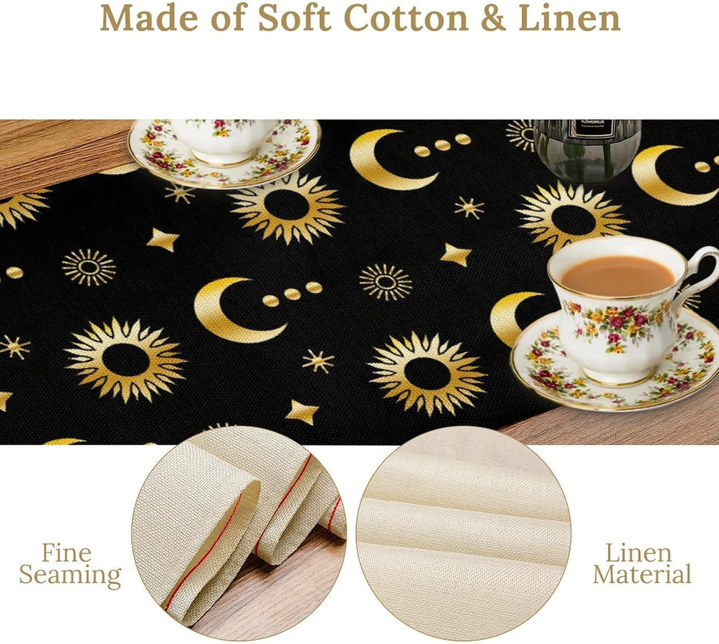 Magic Gold Sun Moon Stars Table Runner Mystical Farmhouse Rustic TableRunner for Party Holiday Dining Room Kitchen 13x36 Inch
