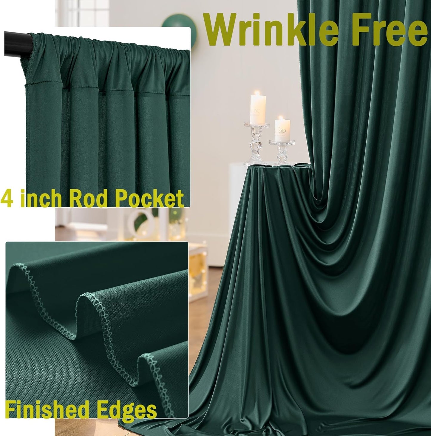 40ftx10ft Wrinkle FreeHunter Green Backdrop Curtains for Party Background, 8 Panels Silky Fabric Green Photo Backdrop Drapes Back Drop Cloth for Wedding Birthday Photography Baby Shower Decor