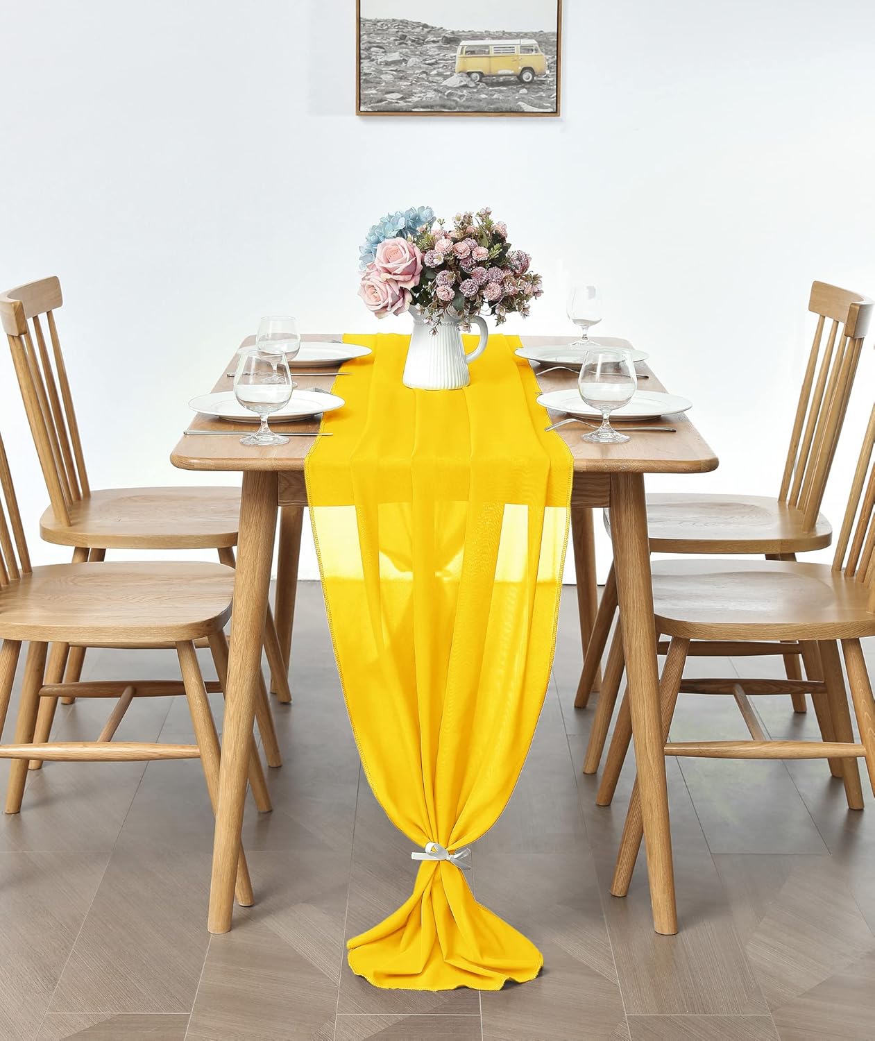 5 Pack 10Ft Chiffon Yellow Table Runner Sheer 29x120 Inch for Romantic Wedding Decor Bridal & Baby Shower Birthday Rustic Party Decoration