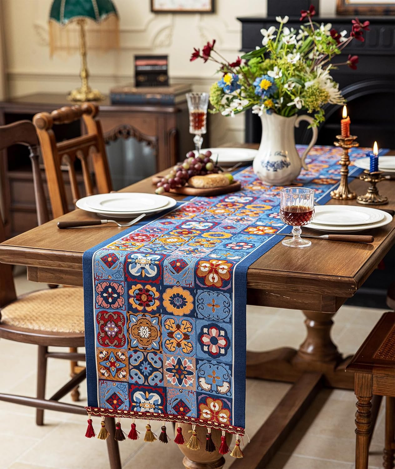 13×72 Inch Table Runner, Retro-Luxury Tassels Series for Kitchen Dining Table Holiday Decoration (Ethnic Blue)